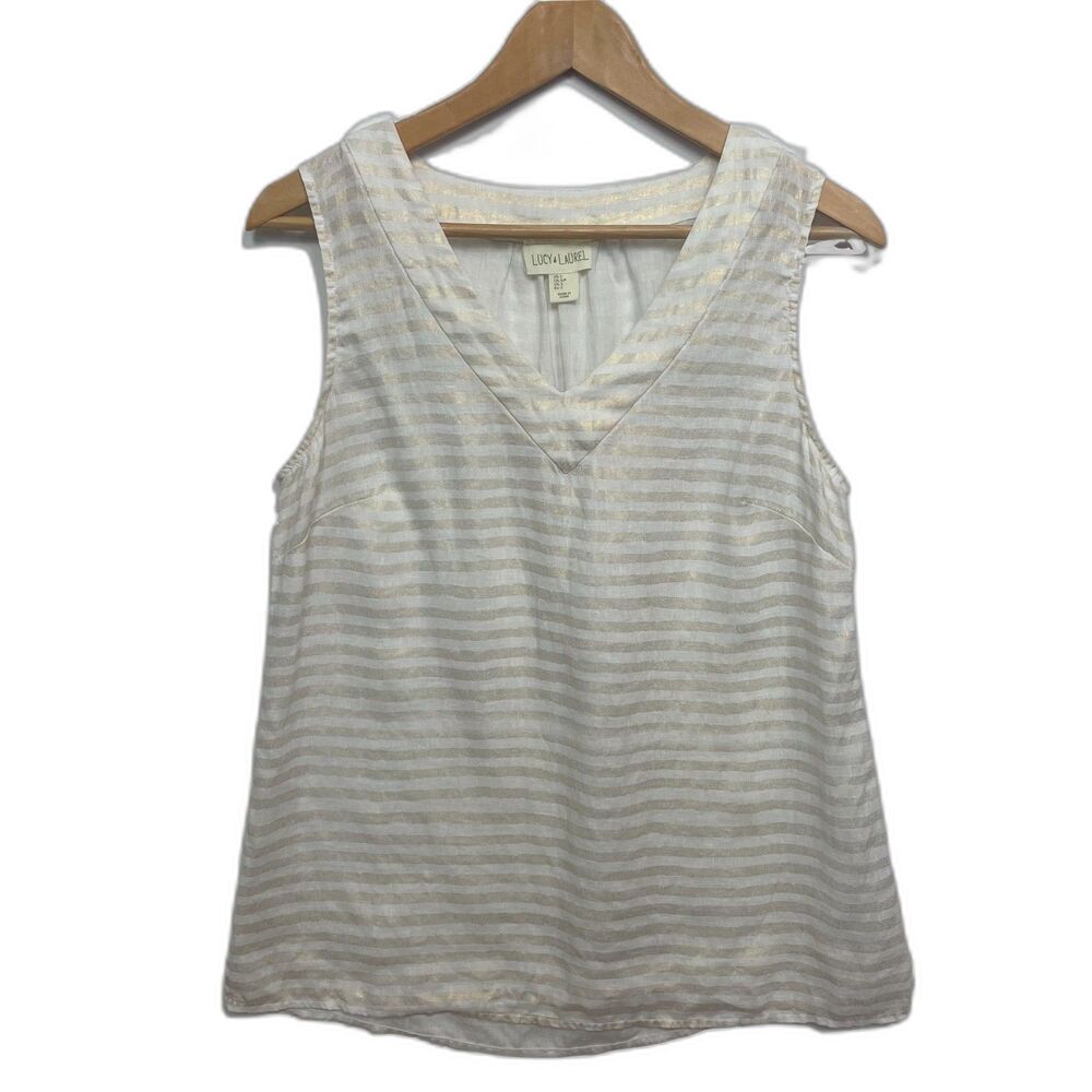Lucy and Laurel Metallic Stripe Linen Tank Gold and White Size Small